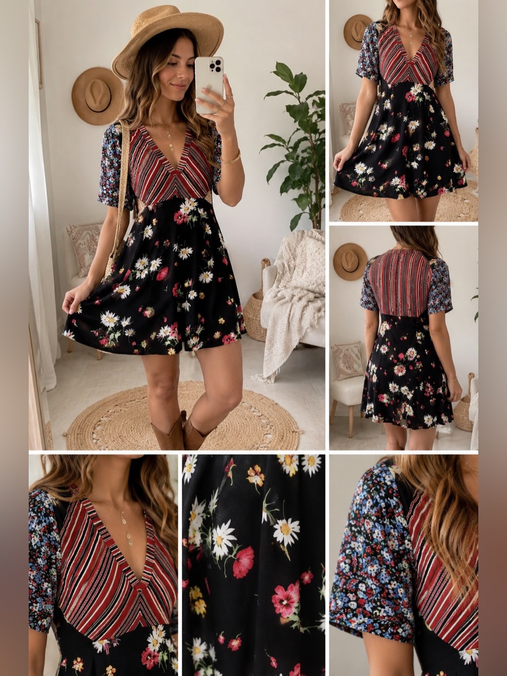 Free People Mix It Up Black Combo Stripe Floral Medium Mini Dress Size 6